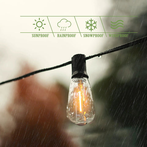 Outdoor String Lights 200 Ft Waterproof Patio Lighting With 102 ST38 Shatterproof LED Bulbs in rainy weather