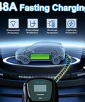Level 2 EV Charger 48A 240V J1772 Connector ETL Certified For Home Use display with protection icons and car outline