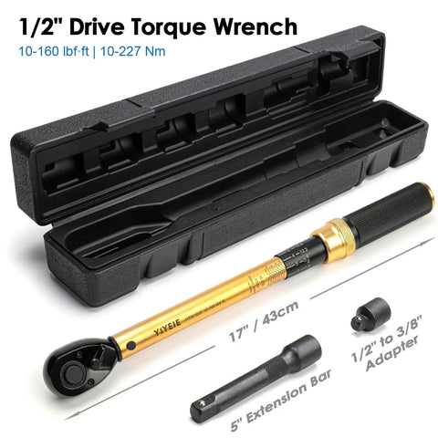 Half Inch Drive Torque Wrench - 10-160 Ft-Lb (10-227 Nm), 72-Tooth Professional Click Torque Wrench Set With Three Eighths Adapter And Extension Bar in case