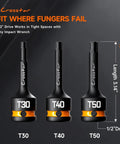 Rock Solid Heavy Duty T Forty Impact Torx Socket Set Long Star Bits Half Inch Drive With Epoxy Fill Markings, T30, T40, T50 Torx bits.