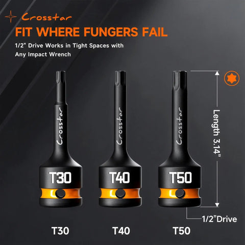 Rock Solid Heavy Duty T Forty Impact Torx Socket Set Long Star Bits Half Inch Drive With Epoxy Fill Markings, T30, T40, T50 Torx bits.