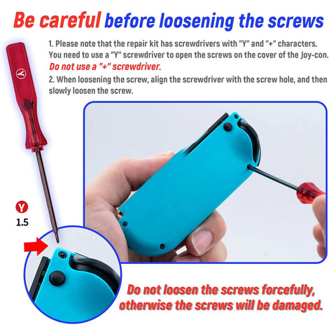 Ultimate 18 In 1 Joy Con Repair Kit For Nintendo Switch Not For Switch 2, using screwdriver on blue Joy-Con.