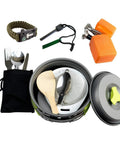 Camping Cookware 18 Piece Mess Kit With Backpacking Stove showing anodized aluminum pots, utensils, sponge, and survival tools