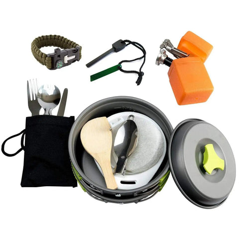 Camping Cookware 18 Piece Mess Kit With Backpacking Stove showing anodized aluminum pots, utensils, sponge, and survival tools