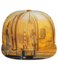 Road Trip Ready Flat Brim Snapback Cap For Men And Women Breathable Polyester Hat featuring an RV in golden sunset design