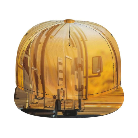 Road Trip Ready Flat Brim Snapback Cap For Men And Women Breathable Polyester Hat featuring an RV in golden sunset design