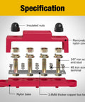 Four Post Three Eighths Inch Power Distribution Block 48V 250A Heavy Duty Marine Grade Bus Bar With Six Eight Gauge Screws For Auto RV Solar Wiring And Boat Black And Red, exploded view
