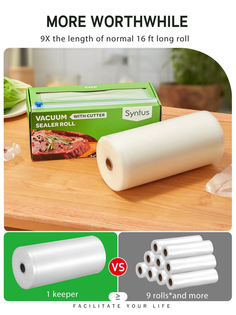 11 Inch By 150 Foot Food Vacuum Seal Roll With Cutter Dispenser For Any Vacuum Sealer Pro Grade BPA Free Bags on table