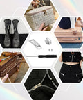 DIY Friendly Zipper Repair Kit With No Sewing Needed And Easy Install Metal Zipper Slider Heads Replacement 304 Stainless Steel For Jackets Luggage Bags Suitcases Tents Outdoor Gear Includes Plier Tools And Extra Screws displayed with items like boots and suitcase.