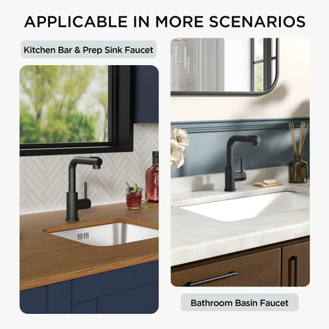 Top Shelf Compact Kitchen Faucet With Pull Down Sprayer And Rock Solid Stainless Steel Build Matte Black Finish Heavy Duty Design For Tiny Countertops in kitchen bar and bathroom sink settings.