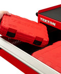 Hand placing red case for Three Eighth Inch Drive Six Point Impact Socket Set Thirty Seven Piece Kit With Shallow And Deep Sockets SAE And Metric into drawer.
