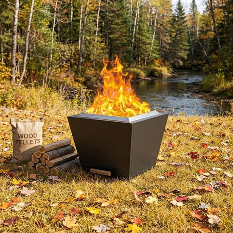 Portable 35 Inch Smokeless Fire Pit For Outdoors With Carry Handle Stainless Steel Pellet Fire Pit For Outside Wood Burning Ideal For Backyard Patio Hangouts Bonfires Low Smoke Design With Enhanced Airflow For Up To 6 People Black next to wood pile in autumn forest.