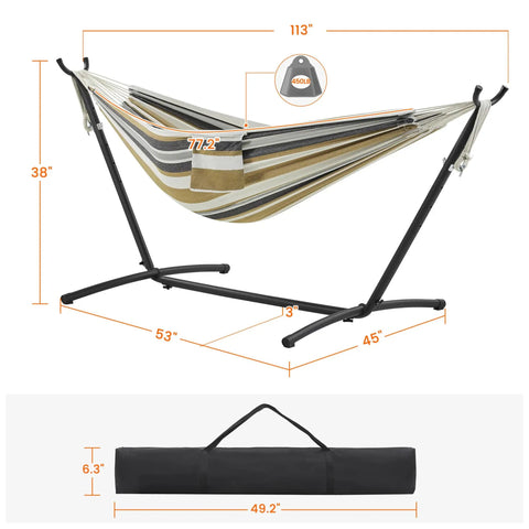 Double Hammock With Stand For Two People, Portable Indoor Outdoor Hammock Set with Desert Stripe design and carrying bag