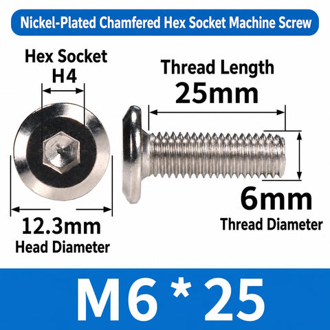 Complete 32 Piece M6 Hardware Kit For Home Repairs And DIY Projects includes nickel-plated hex socket 25mm machine screw.