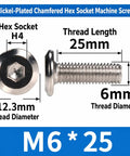 80 Piece M6 Hardware Kit With 20 Hex Nuts, 20 Phillips Pan Head Screws, 20 Hex Socket Flat Head Screws, And 20 Wide Flat Washers For Furniture, Woodworking, And DIY Repairs. M6 x 25 nickel-plated hex socket screw, 6mm thread