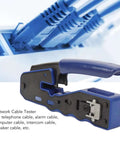 All In One Ethernet Crimping Tool With Pass Through Connectors For Cat5 Through Cat6A, Cutter, Stripper And Crimper device
