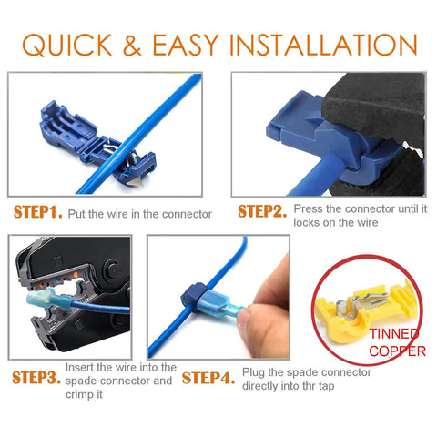 Step-by-step installation of 120 Piece T Tap Quick Splice Wire Connectors All In One Set For 24 To 10 Gauge Electrical Crimp Terminals