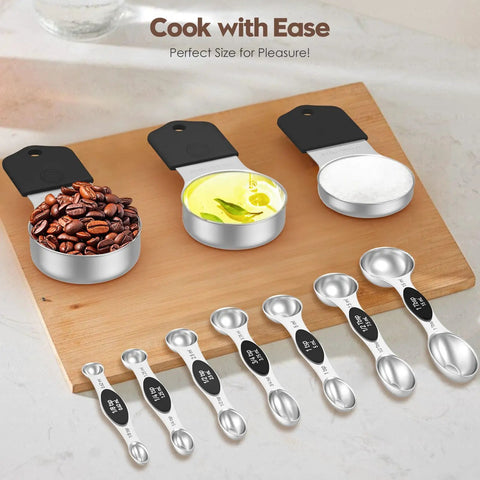 Magnetic Measuring Cups And Spoons Set With 304 Stainless Steel Dual Sided Design 15 Piece Kit Includes Leveler displayed on board.