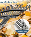 Close-up of durable anti-rust rake head and stainless steel rods with 11 metal tines, ideal for heavy duty garden rake use.
