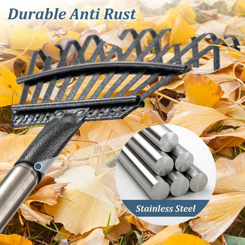 Close-up of durable anti-rust rake head and stainless steel rods with 11 metal tines, ideal for heavy duty garden rake use.