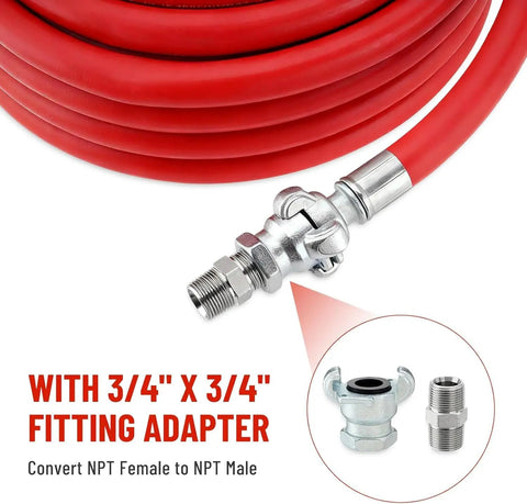 Heavy Duty 3/4 Inch X 100 Foot Red Rubber Pneumatic Air Hose For Jack Hammers With 300 PSI Pressure Featuring Secure Chicago Style Universal Thread Connection Zero Leak Proof For Demolition Jobs Where You Gotta Keep The Job Going All Day Hit Hard