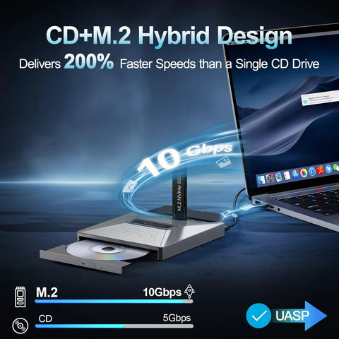 External CD DVD Drive For Laptop With 7 In 1 Disc Player Burner And M2 Slot Plug And Play USB C USB A Portable Optical Drive For Windows Mac OS Read Write CDs And DVDs, silver hybrid drive with disc tray and M.2 slot