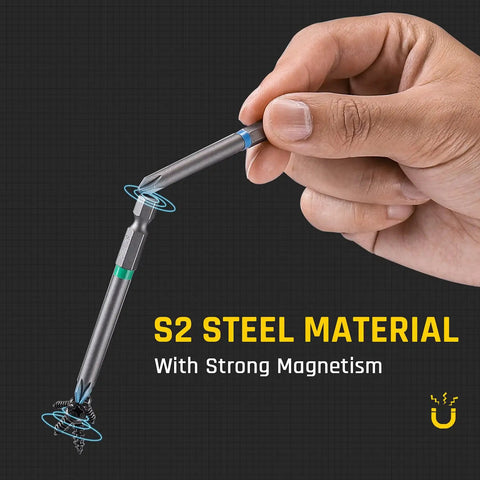 Hand holding a screwdriver bit from 43 Piece Screwdriver Bit Set With S2 Steel, Quarter Inch Hex, 25mm and 75mm Bits, 48mm Socket.