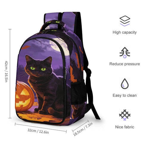 Halloween Black Cat Pumpkin Print Unisex Backpack With Large Capacity For School Travel Or Everyday Use Durable Polyester