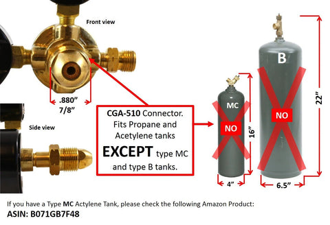 Oxygen Propane Welding Regulators with CGA-510 connector for safe gas control, not compatible with MC and type B acetylene tanks.