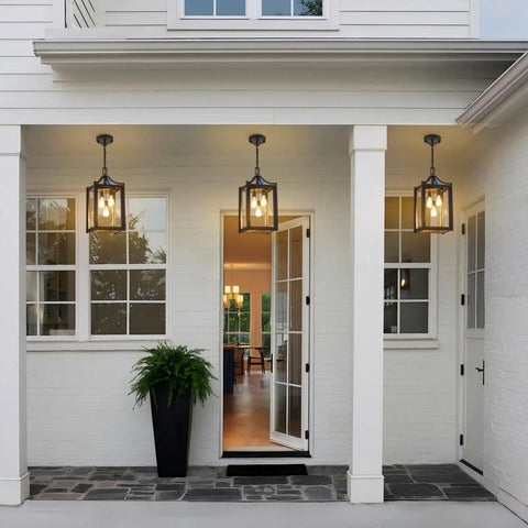 Straight Up Heavy Duty Outdoor Pendant Light With Automatic Dusk To Dawn Sensor 18.5 Inch porch chandelier illuminating entryway.