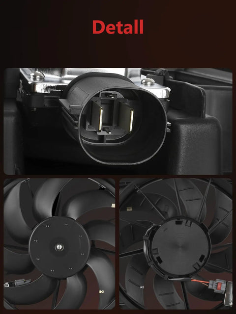 Detailed view of Engine Radiator Cooling Fan Assembly Direct Bolt On Replacement Compatible With Ford Focus Electric And Gas Engines.