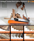 Person using Laminate And Vinyl Floor Cutter 13 Inch With Wheel, One Step Angle And Length Cut For Laminate, Engineered Wood, LVP, VCT, SPC, WPC Floors No Electricity No Dust on various flooring materials