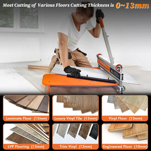 Person using Laminate And Vinyl Floor Cutter 13 Inch With Wheel, One Step Angle And Length Cut For Laminate, Engineered Wood, LVP, VCT, SPC, WPC Floors No Electricity No Dust on various flooring materials