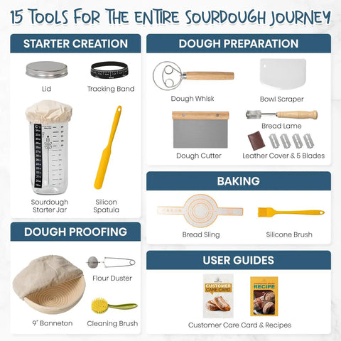 All In One Sourdough Starter Kit With 9 Inch Round Banneton Baskets And 24 Oz Starter Jar Easy Rise Dough Proofing Tools