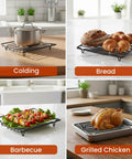 Nonstick V Shaped Roasting Rack For Oven Pan 10 By 8 Inch used with pot, bread, barbecue, and grilled chicken on countertop.