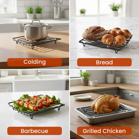 Nonstick V Shaped Roasting Rack For Oven Pan 10 By 8 Inch used with pot, bread, barbecue, and grilled chicken on countertop.