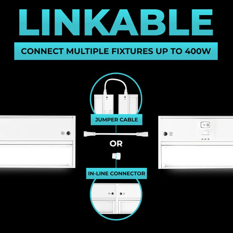 Under Cabinet Lighting Kit Hardwired And Linkable For Kitchen Use 18 Inch showing linkable connection options with jumper cable and in-line connector.
