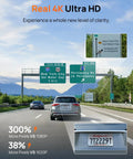 4K Dash Cam Front With Night Vision, 140 Degree Wide View, showing highway signs and clear license plate capture