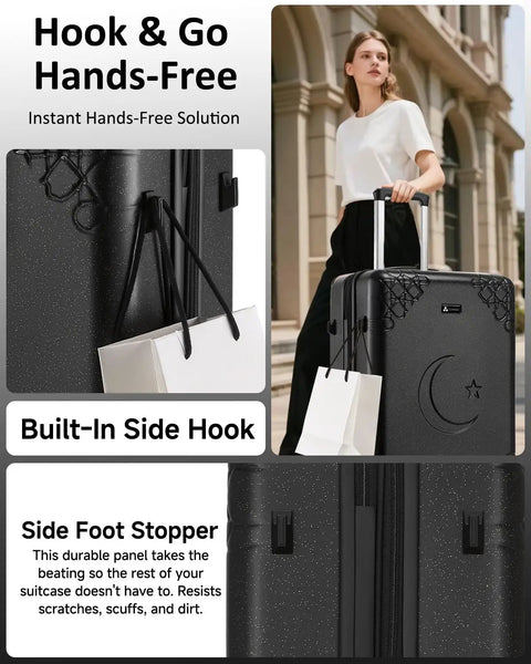 Expandable 20 Inch Carry On Luggage With Shock Absorbing Braking Spinner Wheels, Moon And Star Design, hands-free hook feature