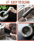 Unpolished Granite Mortar And Pestle Set With Silicone Lid 2 Cup Capacity Garlic Peeler Non Slip Pad being washed and dried