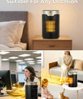 ETL Certified 1500W PTC Space Heater With Thermostat on nightstand, office desk, and living room table in various settings