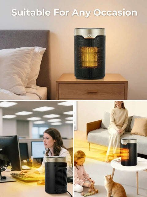 ETL Certified 1500W PTC Space Heater With Thermostat on nightstand, office desk, and living room table in various settings