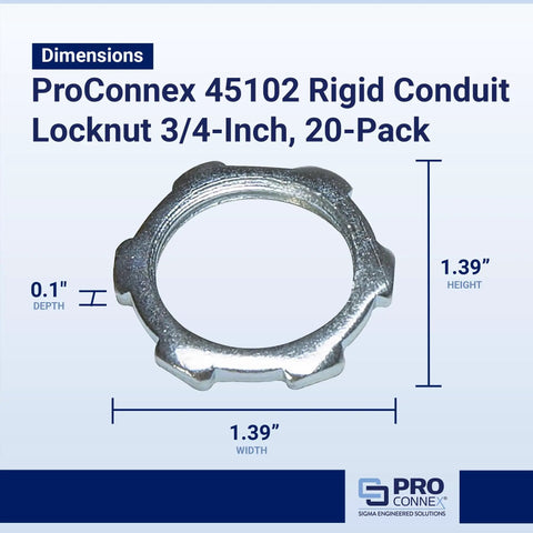 Tough As Nails 3/4 Inch Rigid Conduit Lock Nut 20 Pack Killer Grip Slick Threaded Electrical Connector Hardware with dimensions.