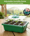 10 Pack Seed Starter Tray Kit With Humidity Dome 120 Cell Trays for Germination and Seedlings on wooden table.