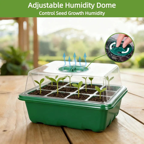 10 Pack Seed Starter Tray Kit With Humidity Dome 120 Cell Trays for Germination and Seedlings on wooden table.