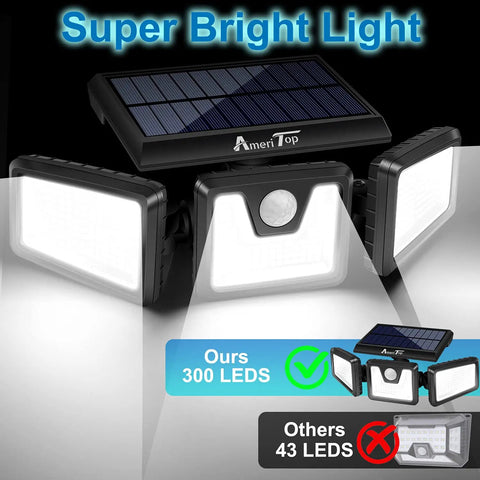 Solar Motion Sensor Flood Lights Outdoors Three Head Design With Wide Coverage And Motion Activated Technology, 300 LEDs
