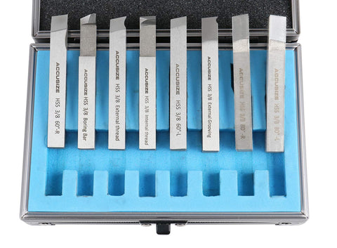 Pro-Grade 8 Piece Three Eighths Inch HSS Tool Bit Set For Turning And Facing displayed in foam case
