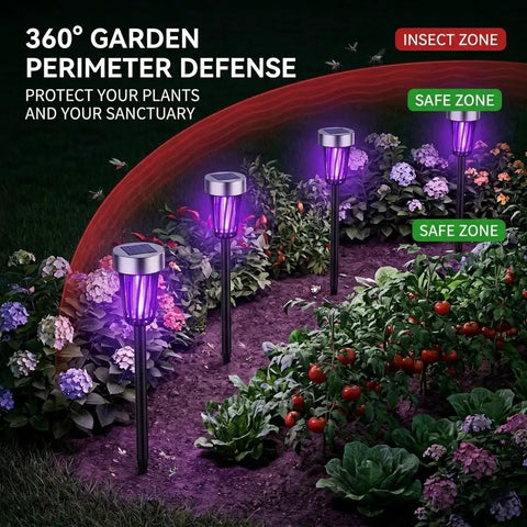 Solar Powered Outdoor Bug Zapper Pack of 4 for Backyard, Garden and Walkways, 360 Degree Mosquito Barrier installed in garden