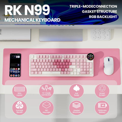 Top Shelf Wireless Mechanical Keyboard With Smart Screen And Rotary Knob, Gasket Mounted Hot Swap Tactile Switches Pre Lubed For Silky Typing, Triple Mode Bluetooth And Usb Setup, Compact 96 Percent Layout That Goes Hard For Gaming on a pink desk with a smartphone and mouse.