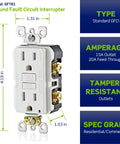 Built Tough 20 Pack Gfci Outlets 15 Amp Self Test Tamper Resistant Led Indicator Light White Plug showing standard GFCI specifications and dimensions.
